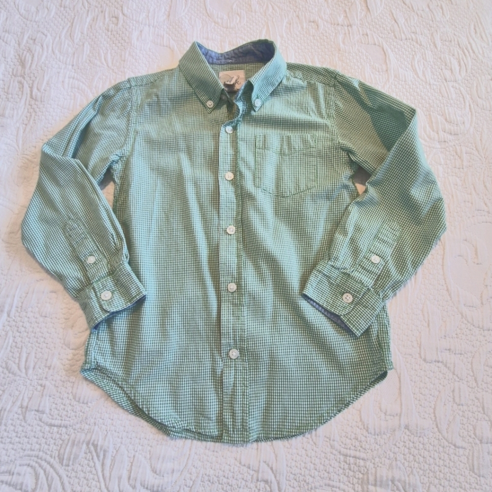 Peek boys size 8 green & white gingham long sleeve button down shirt VGUC